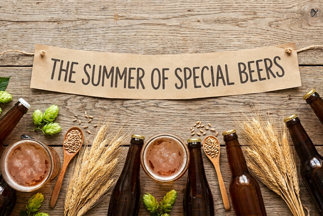 Flat-lay collage of craft beer bottles, fresh hops, barley, and medal badges on a rustic wooden background, evoking international craft beer news.