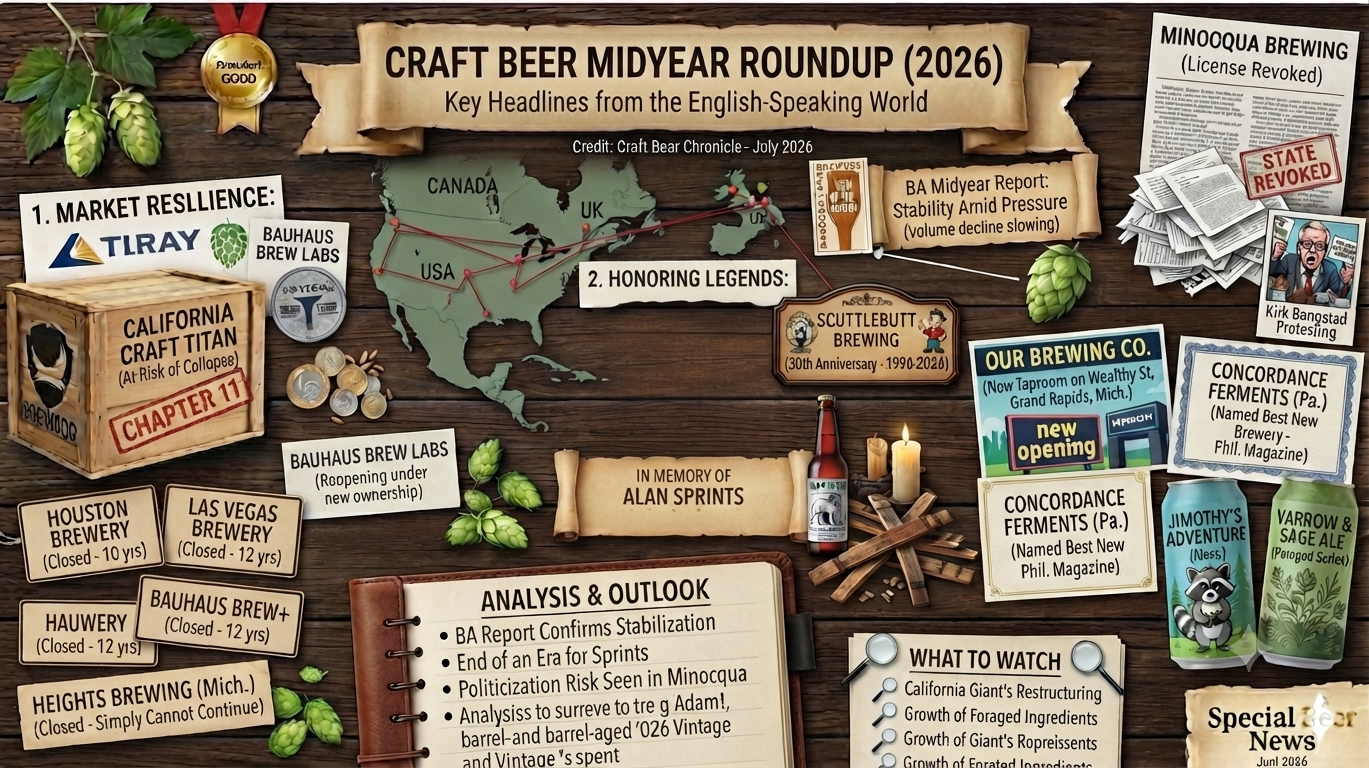 A flat-lay view of craft beer cans, fresh hop cones, and a kraft paper banner on a rustic wooden table