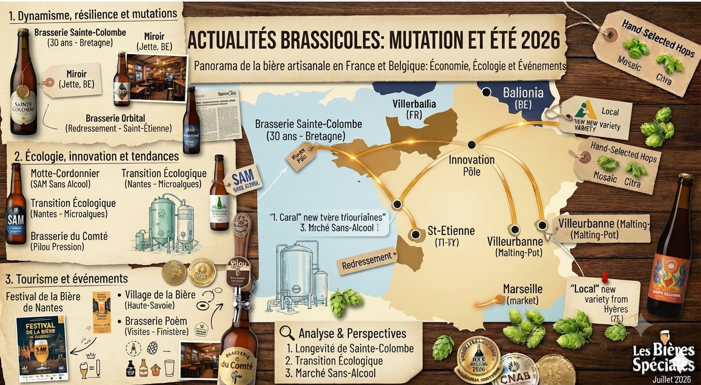 Une sélection de bières artisanales entourées de houblon frais et d'orge sur une table en bois rustique.