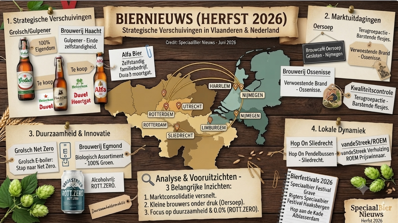 Een sfeervolle weergave van speciaalbieren, hopbellen en brouwersattributen op een rustieke houten tafel.